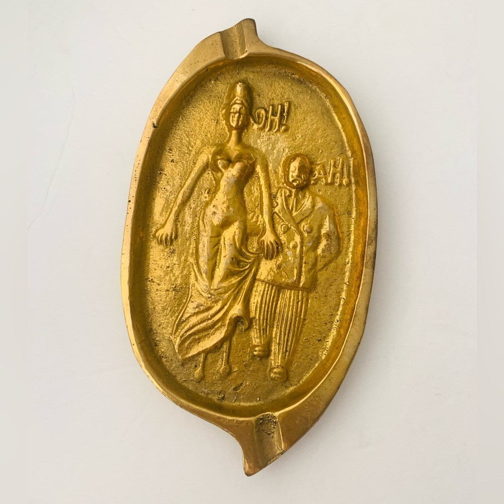 Vintage 1940 Risque Double-Sided Brass Ashtray Gold Tone